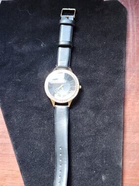Ashley Princess Gold Tone Watch Rhinestone Bezel Black Dial Leather Strap